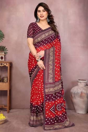 red geometric print georgette saree with lace border & blouse piece