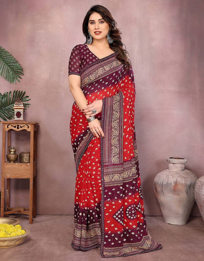 red geometric print georgette saree with lace border & blouse piece