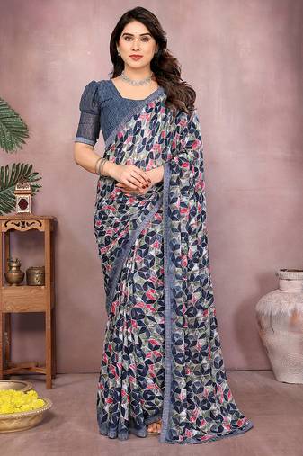 blue printed georgette saree with lace border & blouse piece