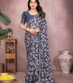 blue printed georgette saree with lace border & blouse piece
