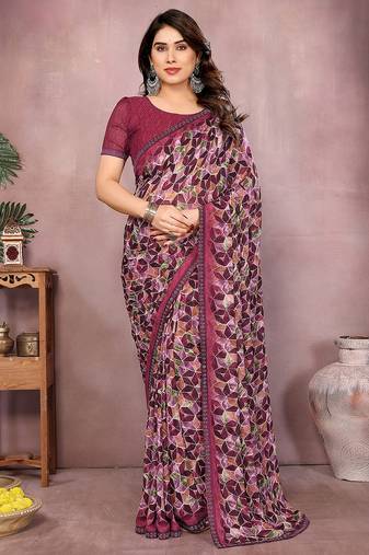   purple printed georgette saree with lace border & blouse piece