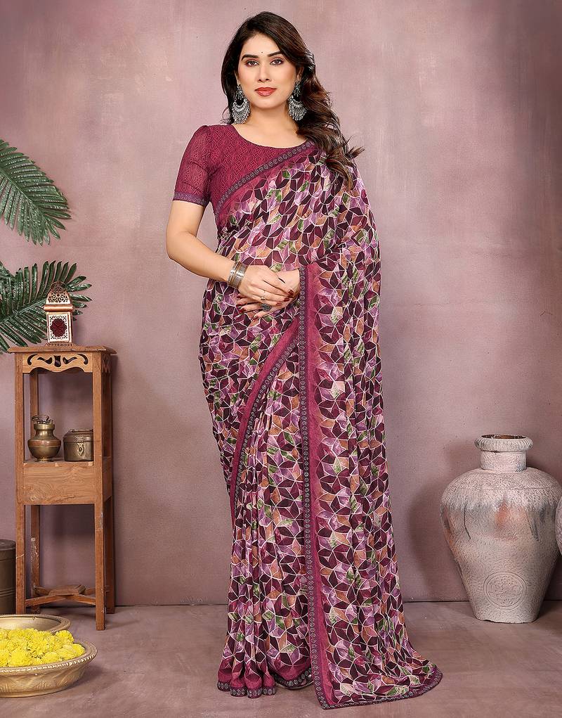  purple printed georgette saree with lace border & blouse piece