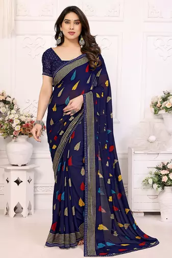 blue floral georgette saree with lace border & blouse piece
