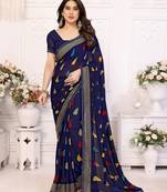 blue floral georgette saree with lace border & blouse piece