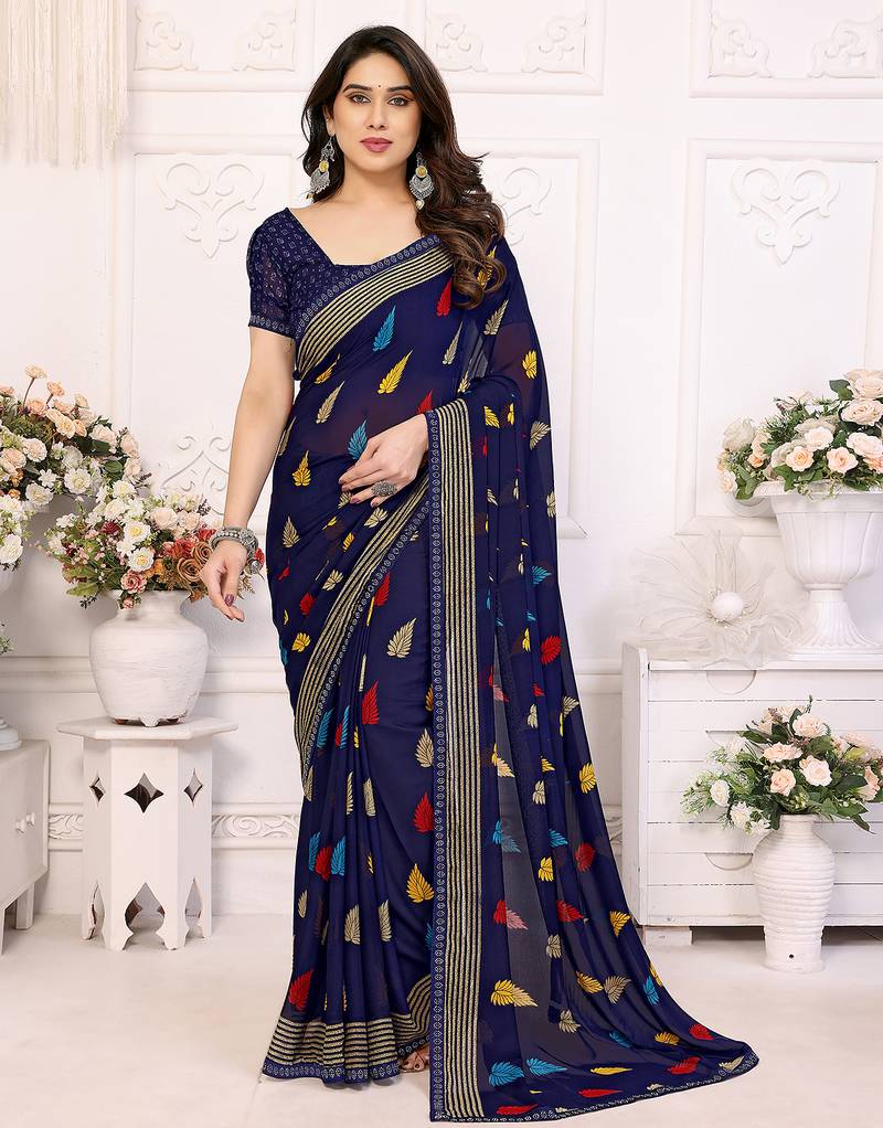 blue floral georgette saree with lace border & blouse piece