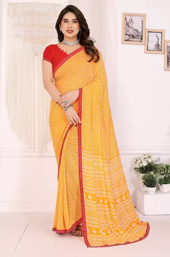   yellow floral georgette saree with lace border & blouse piece