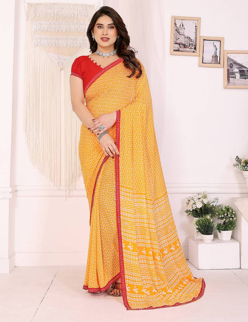  yellow floral georgette saree with lace border & blouse piece