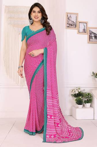 pink floral georgette saree with lace border & blouse piece