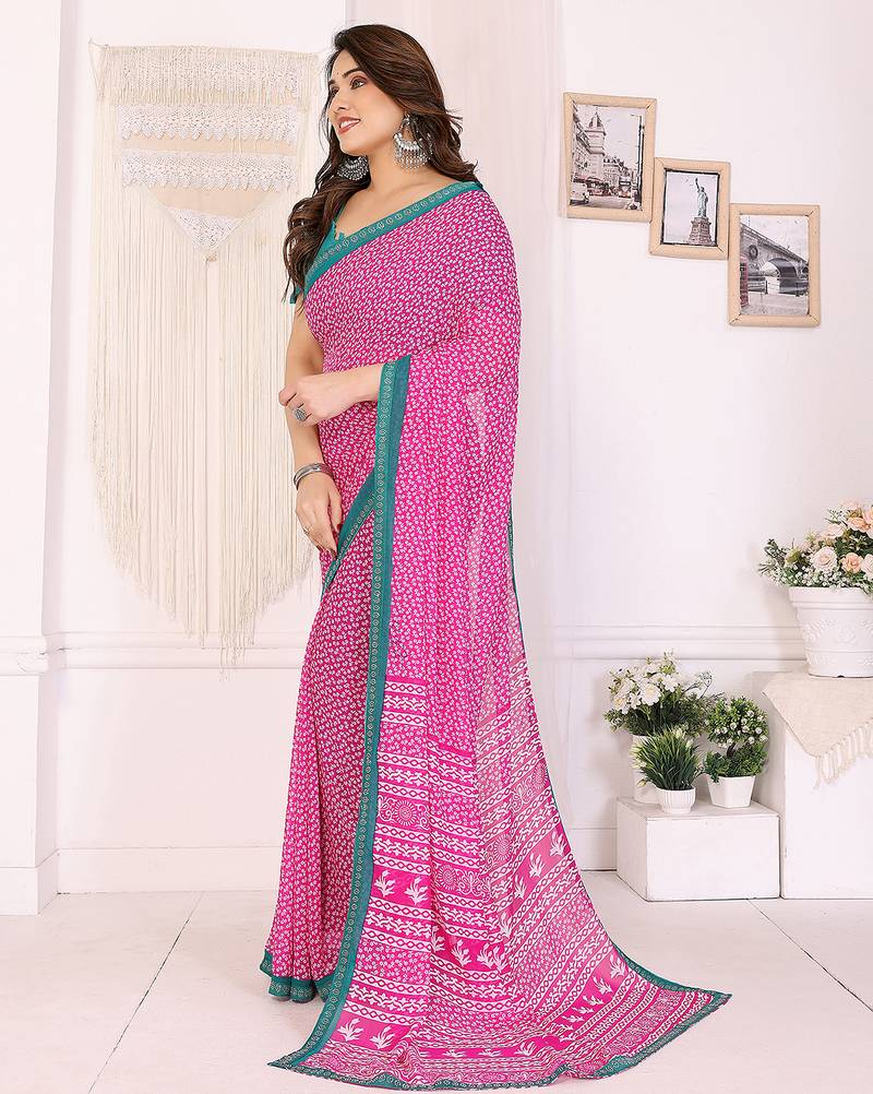 pink floral georgette saree with lace border & blouse piece