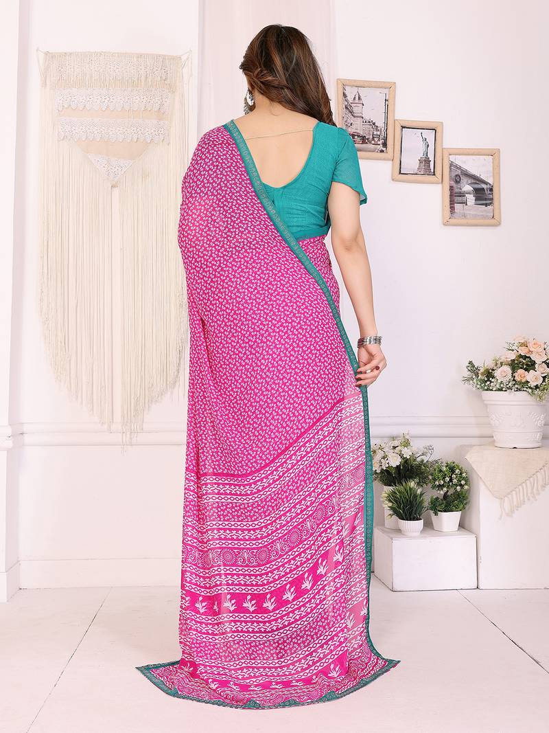 pink floral georgette saree with lace border & blouse piece