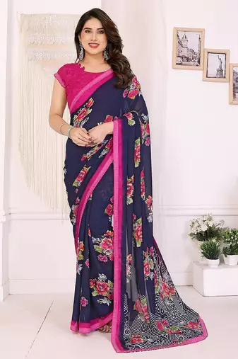   Blue floral georgette saree with lace border & blouse piece