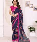  Blue floral georgette saree with lace border & blouse piece