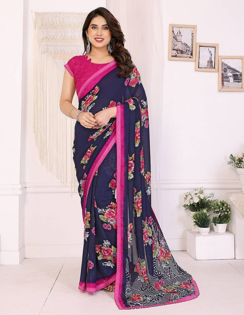  Blue floral georgette saree with lace border & blouse piece