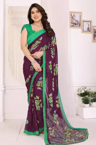 Wine floral georgette saree with lace border & blouse piece