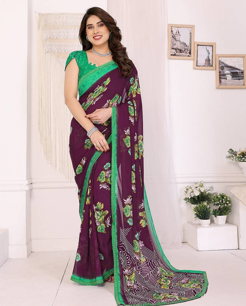 Wine floral georgette saree with lace border & blouse piece
