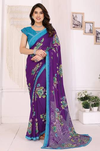   purple floral georgette saree with lace border & blouse piece