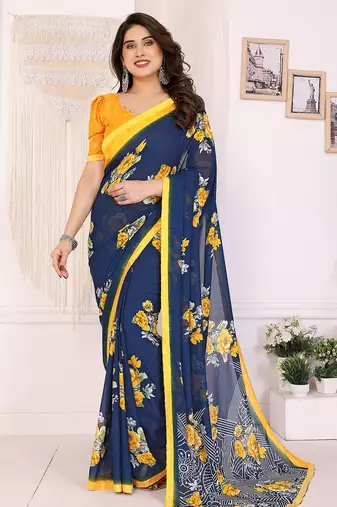 blue floral georgette saree with lace border & blouse piece