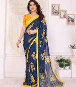 blue floral georgette saree with lace border & blouse piece