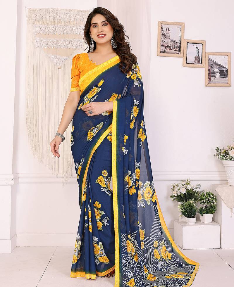 blue floral georgette saree with lace border & blouse piece