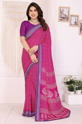pink floral georgette saree with lace border & blouse piece