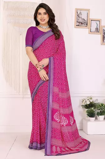 pink floral georgette saree with lace border & blouse piece