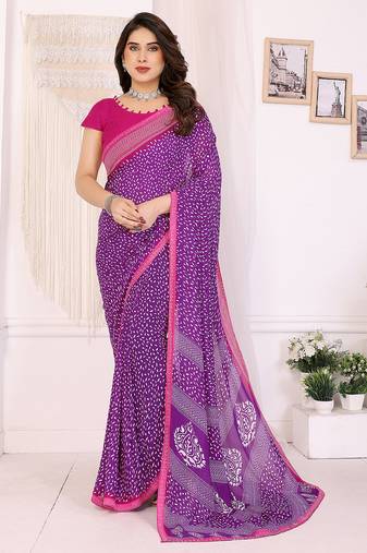   purple floral georgette saree with lace border & blouse piece