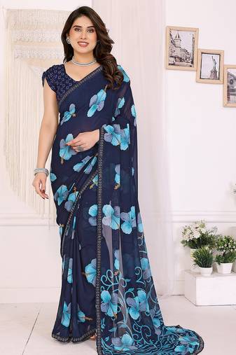 blue floral georgette saree with lace border & blouse piece