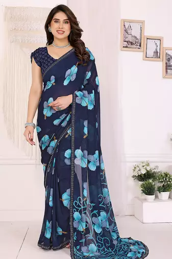 blue floral georgette saree with lace border & blouse piece