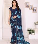blue floral georgette saree with lace border & blouse piece