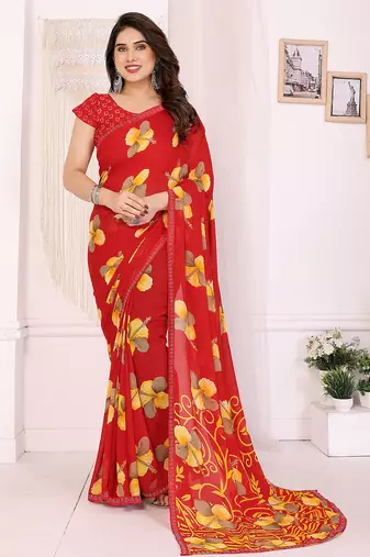 red floral georgette saree with lace border & blouse piece