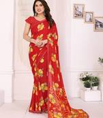 red floral georgette saree with lace border & blouse piece