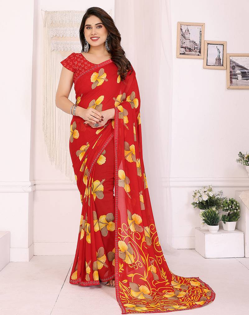 red floral georgette saree with lace border & blouse piece