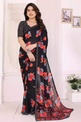 black floral georgette saree with lace border & blouse piece