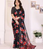 black floral georgette saree with lace border & blouse piece