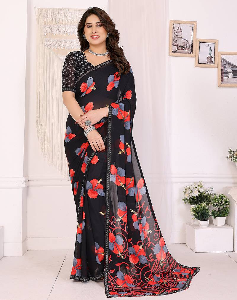 black floral georgette saree with lace border & blouse piece