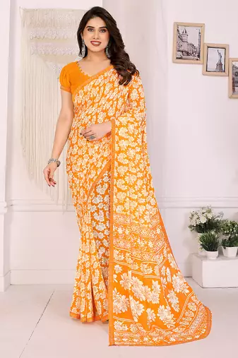   yellow floral georgette saree with lace border & blouse piece