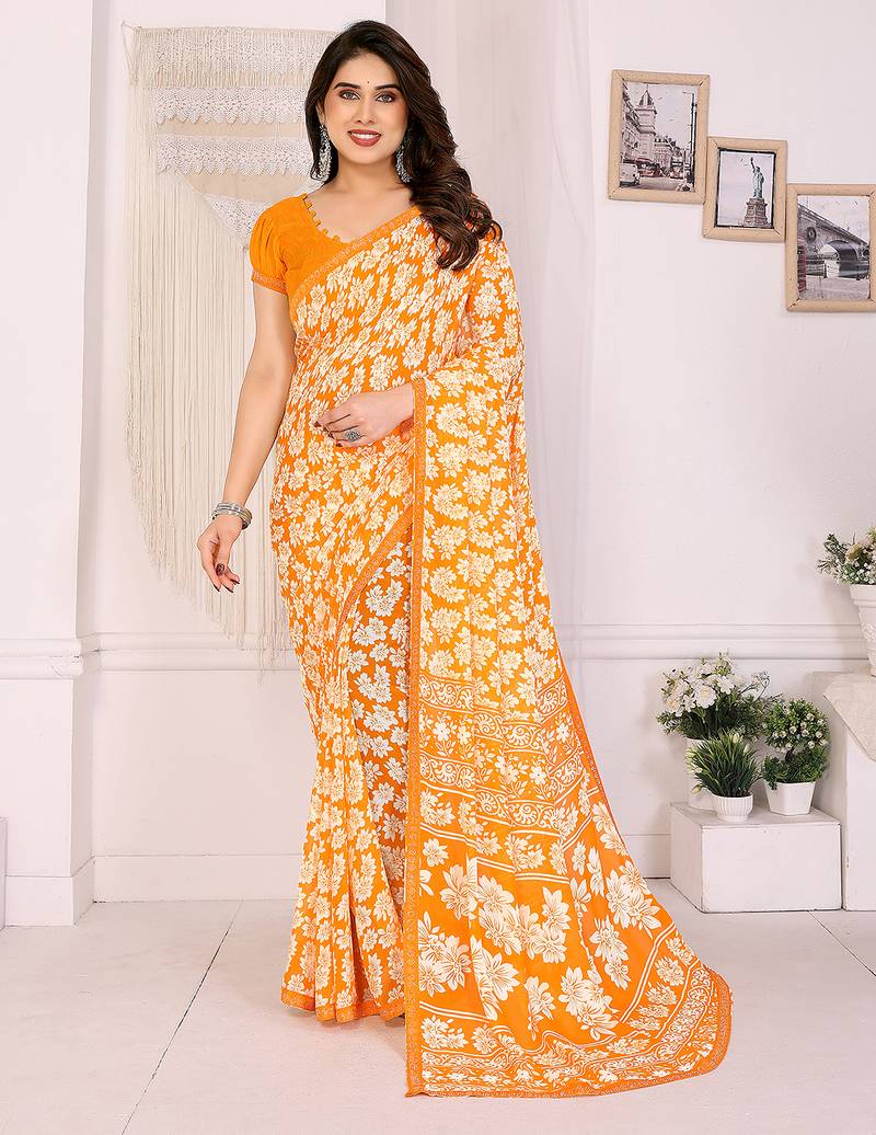  yellow floral georgette saree with lace border & blouse piece