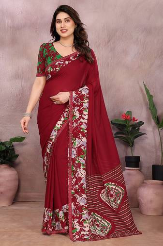 maroon solid georgette saree with lace border & blouse piece