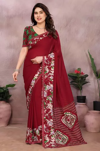 maroon solid georgette saree with lace border & blouse piece