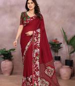 maroon solid georgette saree with lace border & blouse piece
