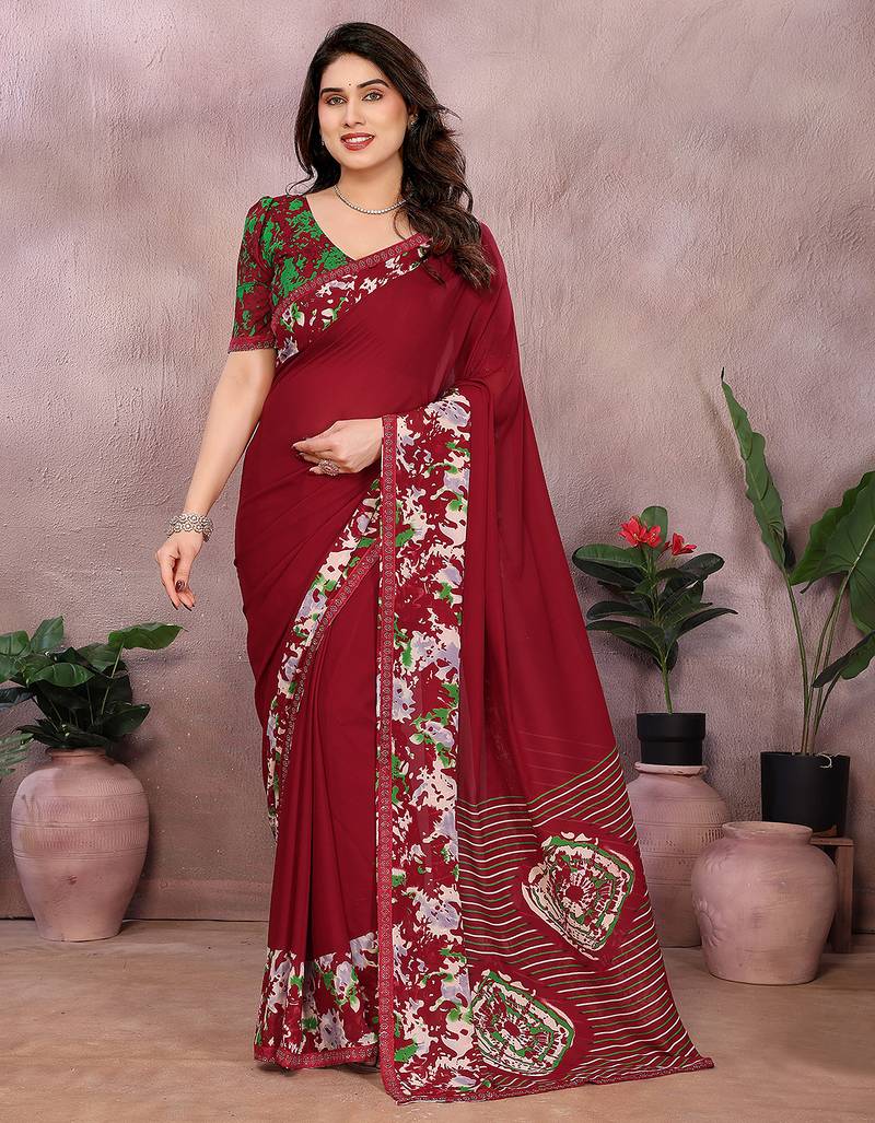maroon solid georgette saree with lace border & blouse piece