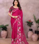  Pink floral georgette saree with lace border & blouse piece