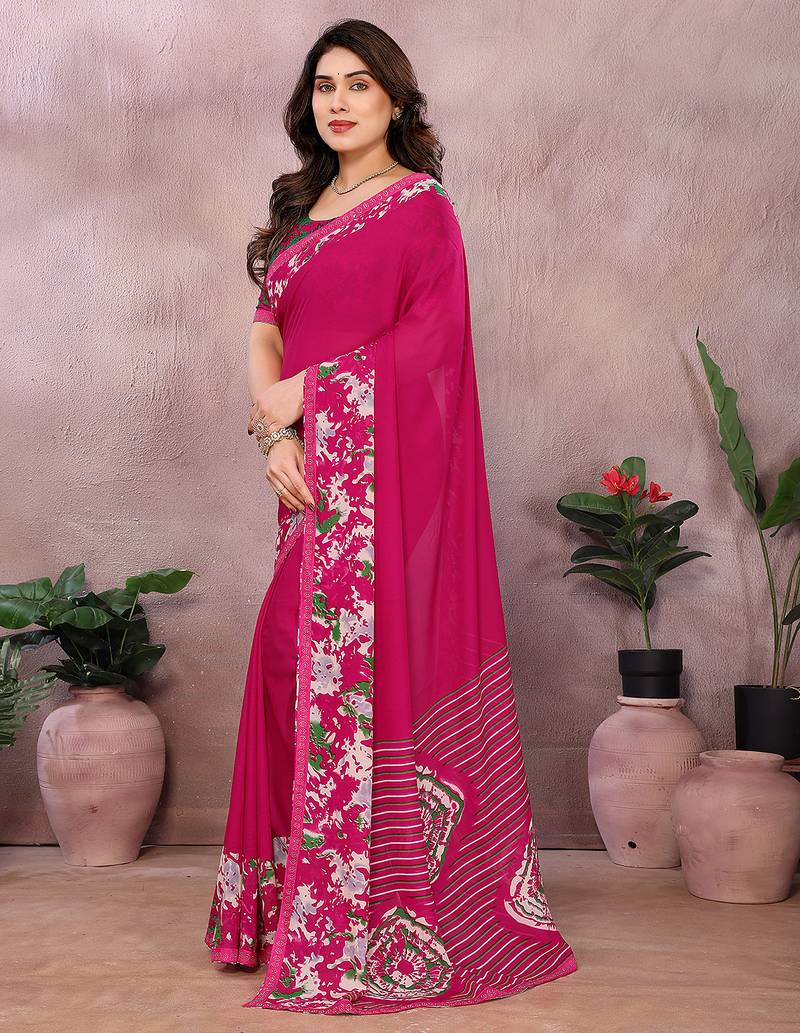  Pink floral georgette saree with lace border & blouse piece