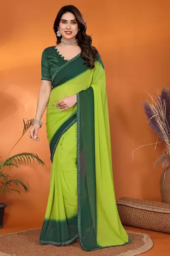 green elegant solid georgette saree with lace border & blouse piece