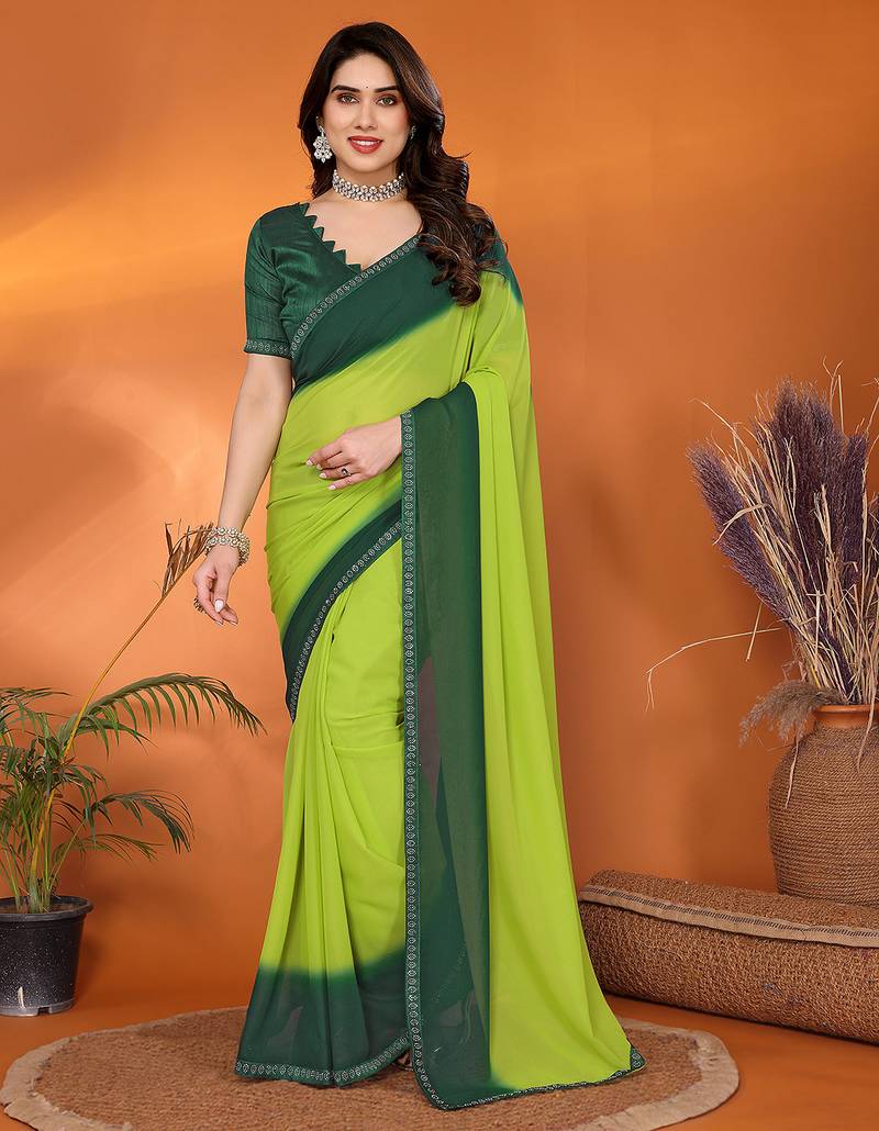 green elegant solid georgette saree with lace border & blouse piece