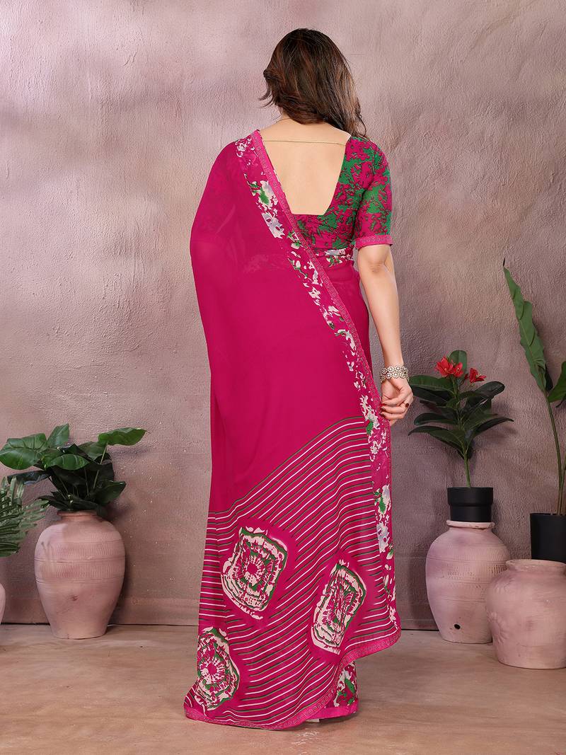  Pink floral georgette saree with lace border & blouse piece