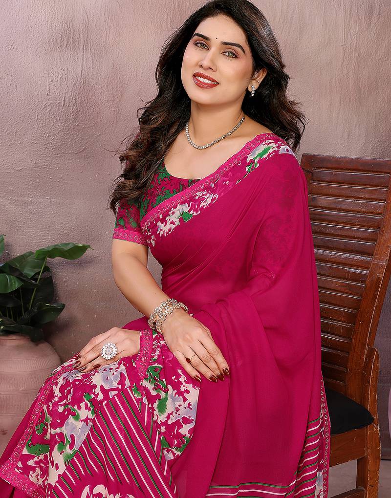  Pink floral georgette saree with lace border & blouse piece