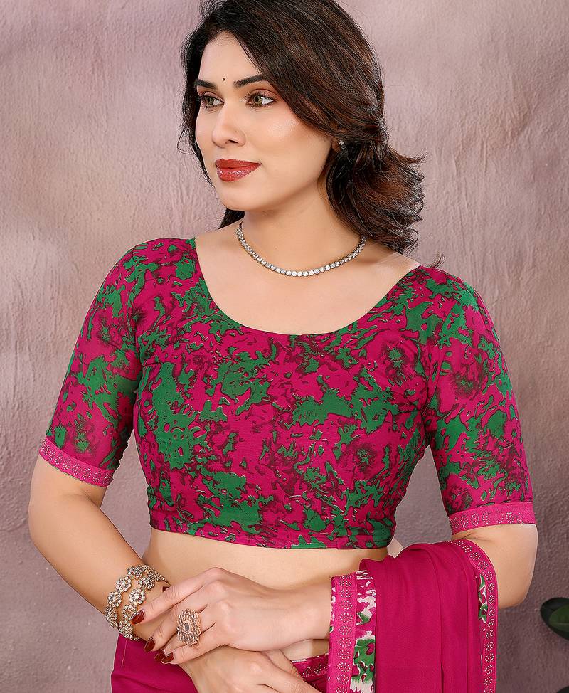  Pink floral georgette saree with lace border & blouse piece