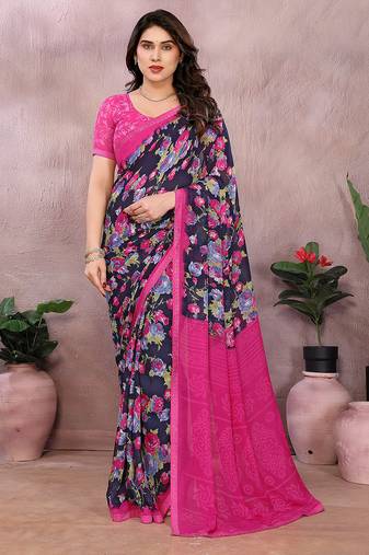 Pink floral georgette saree with lace border & blouse piece
