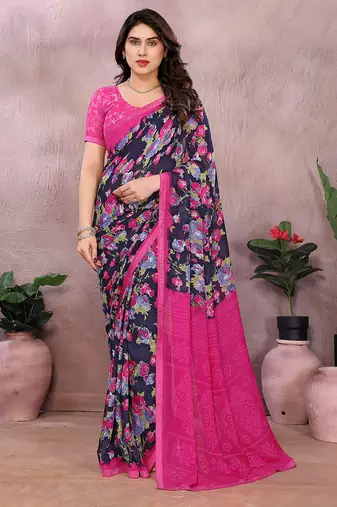 Pink floral georgette saree with lace border & blouse piece